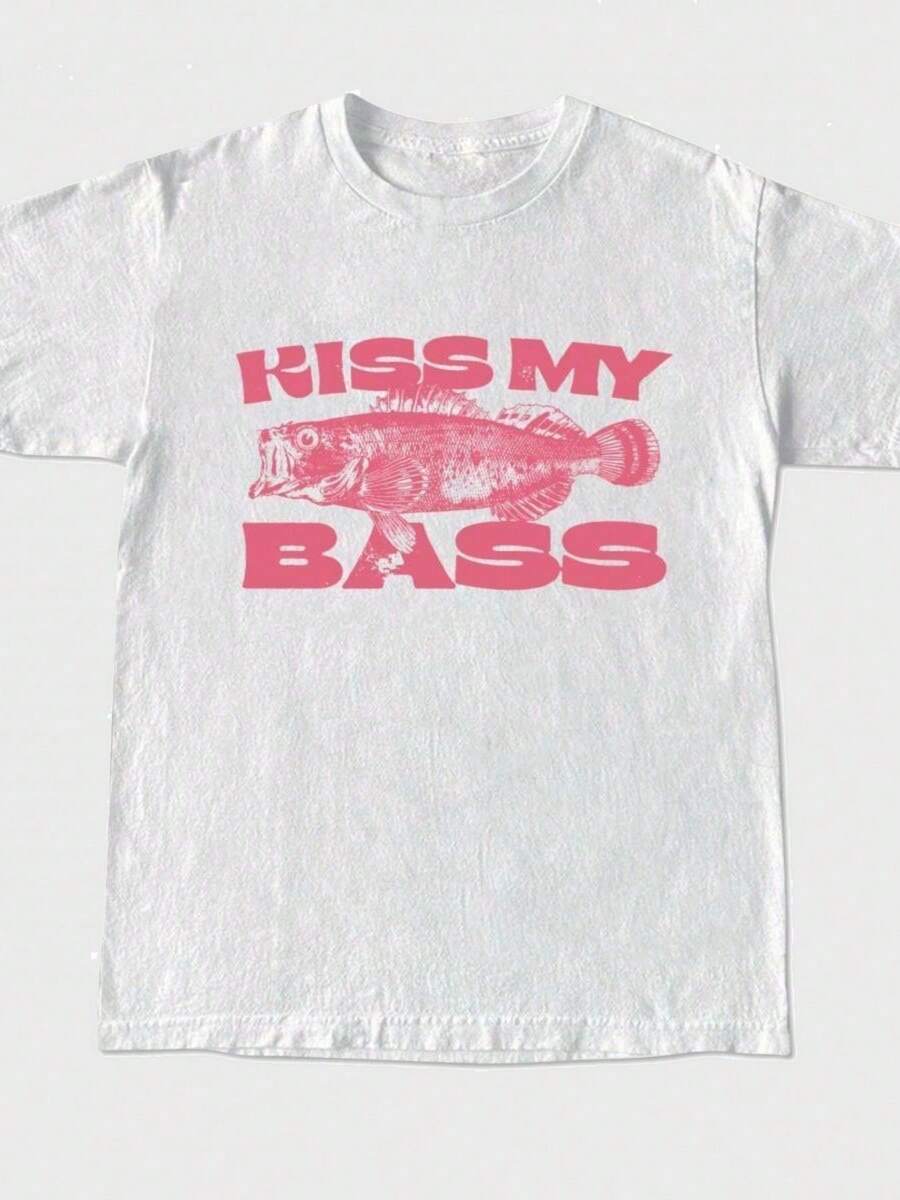 Plus Size Men Clothes, "Kiss My Bass" Funny Fishing Print, Vintage, 220g 100% Cotton Casual Printed T-Shirt, Streetwear Graphic Tee, Casual Summer Tops, Tops For Men, Unisex - 白色 - 查看 1