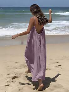 Women's Solid Color Cami Lounge Dress, Elegant Sleeveless Long Dress For Summer, Ladies Sleepwear For Indoor Wear,Summer Outfits,Vacation Outfits Women - Màu Lilac Tím - Xem 3