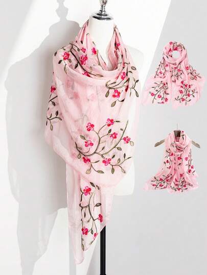 1pc Summer Bohemian Style Embroidered Shawl, Vintage Floral Print Scarf, Polyester Fiber Beach Wrap For Travel