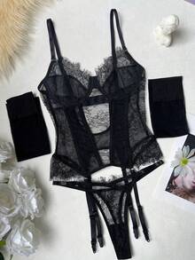 3pcs Women's Sexy Lace Set: Bra + Panty + Stockings - Black - View 3