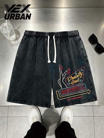 VEXURBAN Best Selling 2026 New Summer, Vintage Neon Sign Dancer Revival No Vacancy Treaty Oak Revival Printed Gradient Washed Shorts For Men, 100% Cotton Men's Patterned Printed Shorts, Men Shorts, Casual Sports Street Vacation Outfits Menn, Summer Shorts, Personalized, Shorts De Hombre Tops