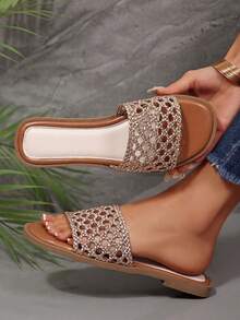 Slippers Shoes For Women Hollowed-Out Flats Woven Mesh Slide Sandals Round Toe Casual Summer Footwear Outdoor Indoor - màu nâu - Xem 4