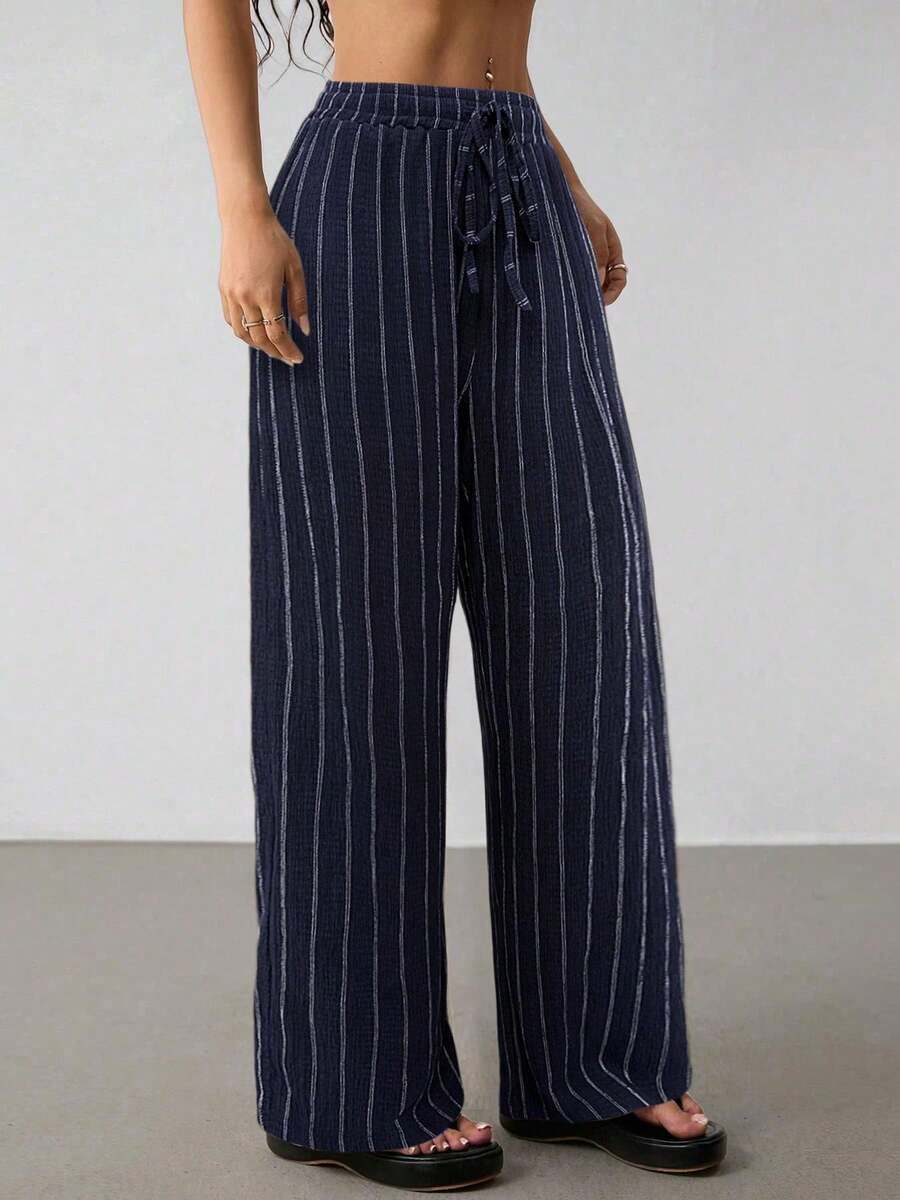 2026 Womens Multi-Color Striped Drawstring Waist Wide Leg Pants Casual Summer Trousers - Navy Blue - View 1
