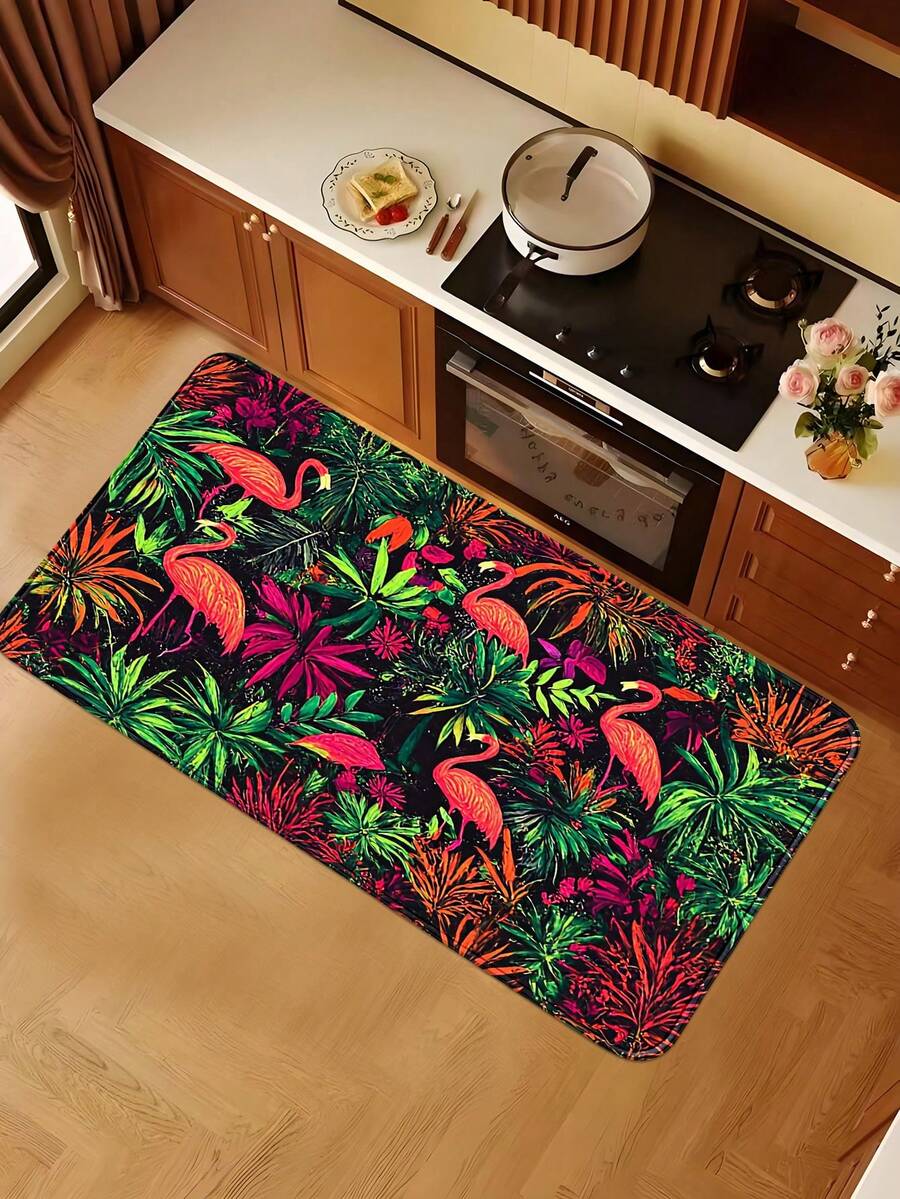 1pc Flamingo & Plant Pattern Kitchen Mat, Minimalist Flannel Rectangular Washable Non-Slip Doormat, Soft Absorbent Bathroom Rug, Decorative Carpet For Living Room And Bedroom - View 1