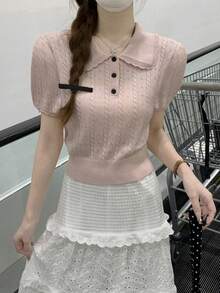彼得潘领花瓣袖针织毛衣，甜美百搭女式上衣，夏季新品粉色 - 粉色 - 查看 3