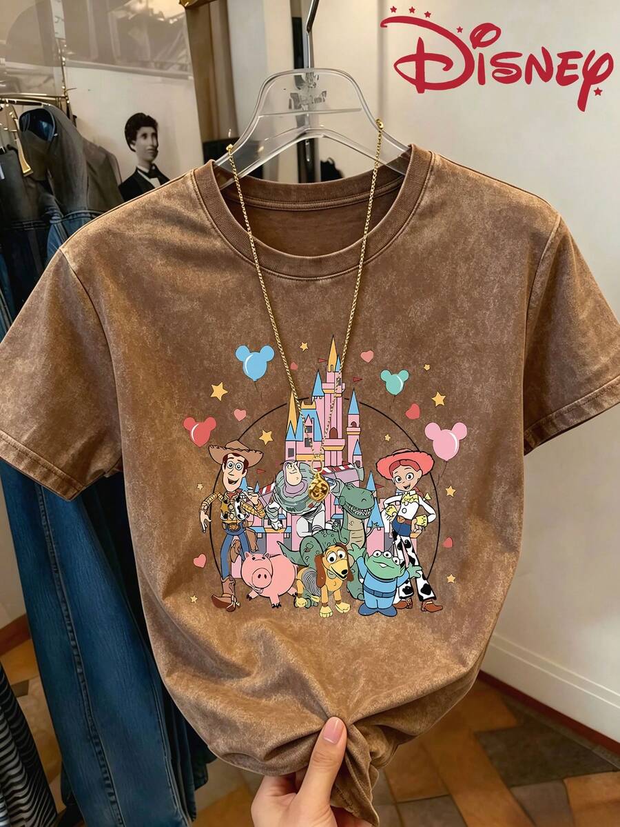 Disney Toy Story Castle Cartoon Printed Washed Cotton Round Neck Loose Short Sleeved T-Shirt, Y2K Style, Youthful Design, Suitable For Daily, Street, Outdoor And Party Wear. - 咖啡棕 - 查看 1