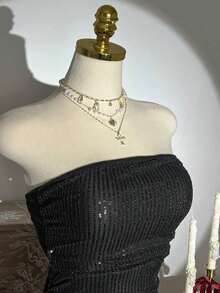 Vestido de verano con volantes con lentejuelas y sin tirantes para mujer - Negro - Ver 5