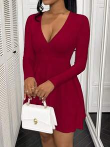 Vestido de mujer de escote en V, seductor y de vanguardia, sencillo, vestido corto mini, vestidos de otoño para ropa de Año Nuevo - Burdeos - Ver 5