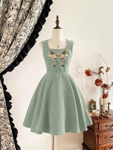 Vestido elegante vintage de mujer con bolsillos, de pana con bordado floral y botones, ropa casual para vacaciones, otoño, ropa de otoño para mujer, atuendos de otoño para mujer, vestidos de otoño para mujer, vestido de invierno para mujer, ropa de invierno para mujer, ropa de Navidad para mujer, atuendo de Navidad para mujer, vestido de fiesta de Navidad, vestido marrón, vestidos elegantes para mujer, vestido elegante para mujer - verde menta - Ver 4