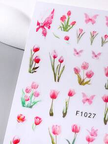 2pcs Pink Blooming Tulip Petal & Butterfly Pattern Nail Art Stickers, Slider Decals For Summer & Spring Manicure DIY Nail Decoration - Multicolor - View 4