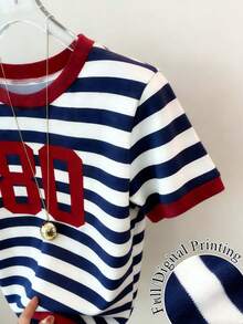SUNSTORY Women's Vintage Digital Print Contrast Color Ribbed Short Sleeve T-Shirt, Y2K Striped Slim Fit Cropped Top, Casual Streetwear Style, Suitable For Home, Outdoor, Travel And Vacation - Blue and White - View 9