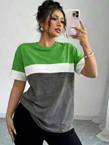 Casual Loose-Fitting T-Shirt With Color Blocks For Summer - Army Green - View 1