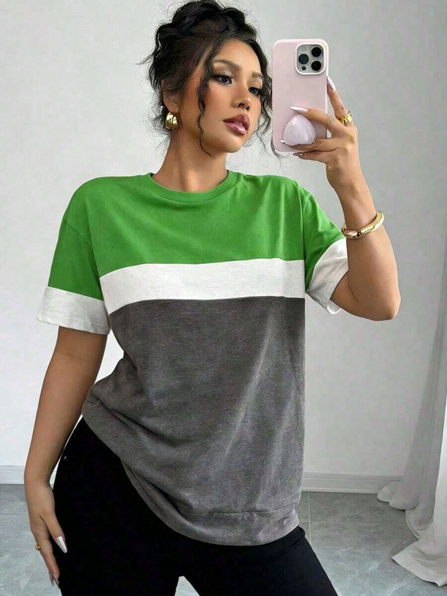 Casual Loose-Fitting T-Shirt With Color Blocks For Summer - Army Green - View 1