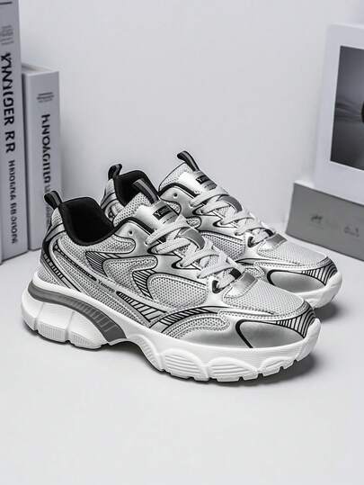 Zapatillas deportivas con cordones metálicos de color gris de moda para hombres, zapatillas informales versátiles y ligeras con amortiguación de impactos para uso en exteriores