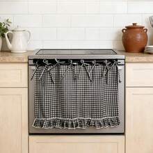 Oven Skirt For Kitchen, Handmade Plaid Oven Skirt Curtain Cover With Ribbon Ties, Farmhouse Kitchen Ruffled Trim Hidden Curtain For Dishwasher Cabinet And Washing Machine, Hide Clutter Under Stove And Sink - Lưới đen trắng - Xem 3