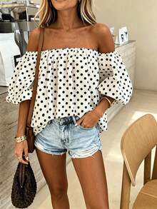 Women's Polka Dot Contrast Color Ruffle Off Shoulder Top, Suitable For Beach & Casual Daily Wear, Spring/Summer White Vacation - Black and White - View 4