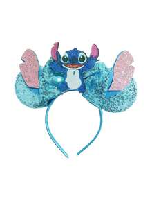 Disney 迪士尼可愛史迪奇亮片髮箍，飾有雞蛋花葉與刺繡蝴蝶結；時尚卡通角色耳朵髮箍；閃亮吸睛髮飾，適合化裝舞會、Cosplay、主題樂園參訪及其他場合 - 款式隨機 - 查看 3