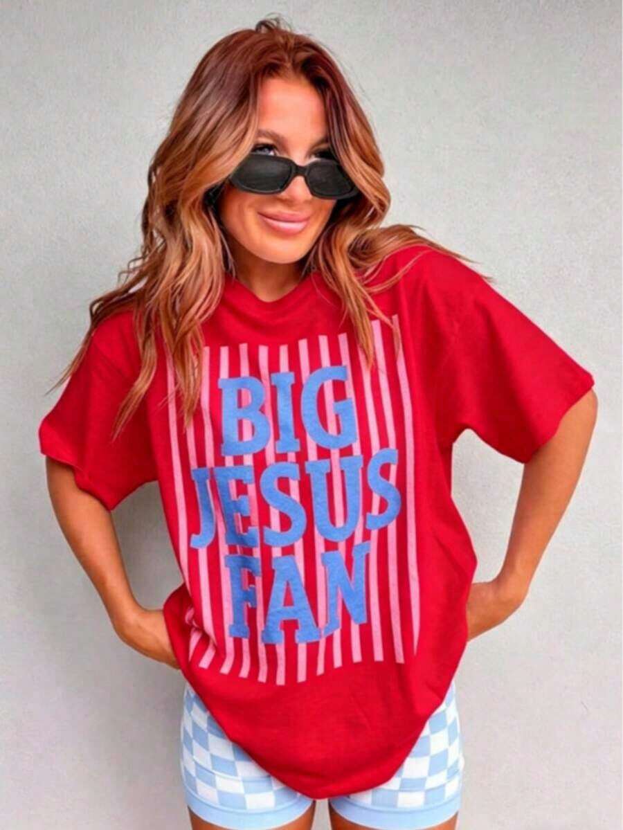 Camiseta Fresca de Verano, Estilo Casual, con Estampado Gráfico de Big Jesus Fan, Corte Holgado, Estilo Relajado y Moderno - Rojo - Ver 1
