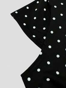 Women's Boat Neck Polka Dot Ruffle T-Shirt And Mini Skirt Shorts Set Black Summer Elegant - Black - View 6