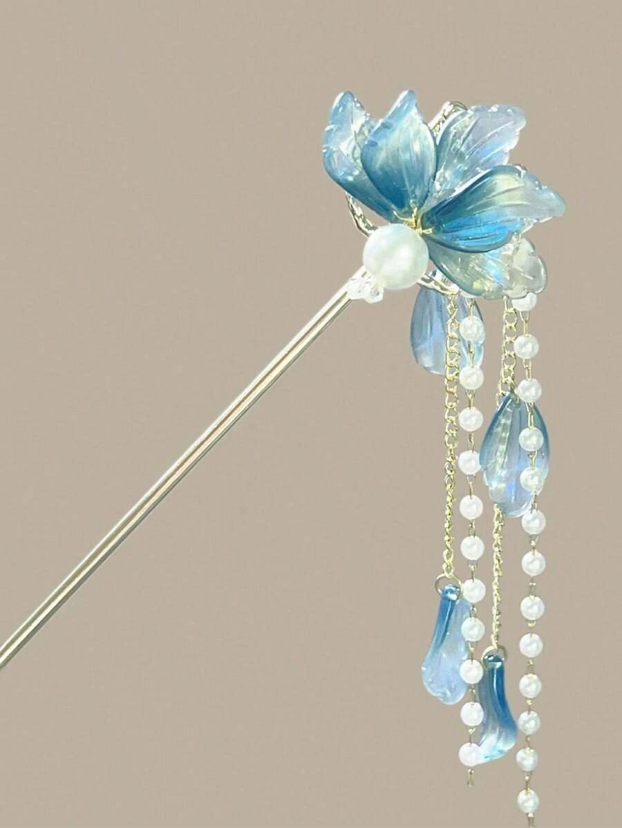 Antique Style Blue Flower Hairpin With A High-End Feel, New Chinese Style Faux Pearl Tassel Step Rocking Women's Hair Accessories, Hairpins, Headpieces, Hairpins - Nhiều màu - Xem 1