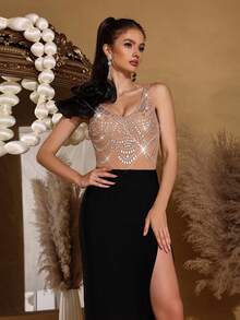 Đầm maxi không tay xẻ tà trước, đính đá lấp lánh, phối lưới, kiểu dáng gợi cảm, thích hợp cho đám cưới, lễ hội, tiệc tùng và các dịp trang trọng. - màu đen - Xem 3