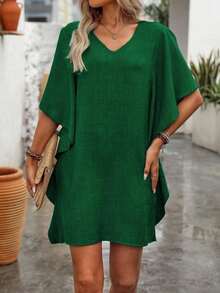 Vestido corto elegante y de moda de unicolor con escote en V para mujer - Verde - Ver 5