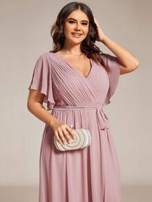 EVERPRETTY Elegant V-Neck Ruffle Sleeve Pink Bridesmaid Formal Dress, Suitable For Wedding Guests, Brides, Mothers, Vacation Party - Pink - View 2