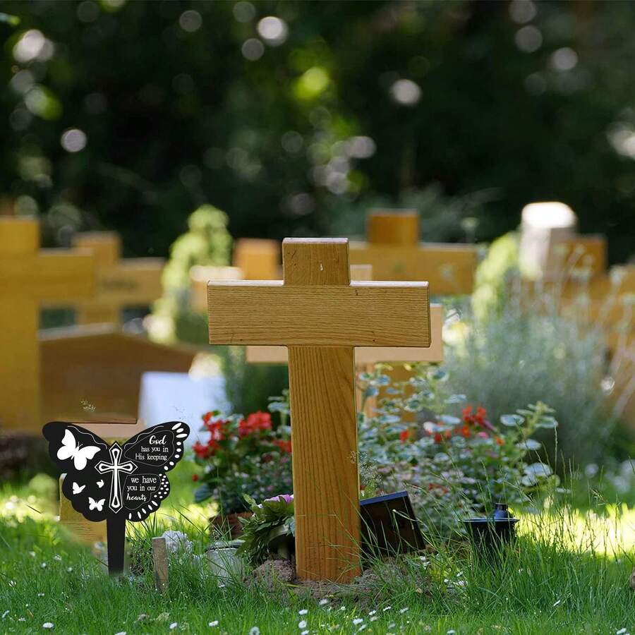 Acrylic Butterfly Cross Gravestone Memorial Stake, Waterproof And UV-Resistant Grave Decoration, Black Butterfly Ornament - A - View 1