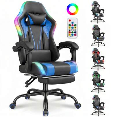  DEVOKO RGB LED Gaming Chair, Ergonomic Office Chair With Footrest, Remote Control, Height-Adjustable PC Gaming Chair, PU Leather, 150kg Load Capacity