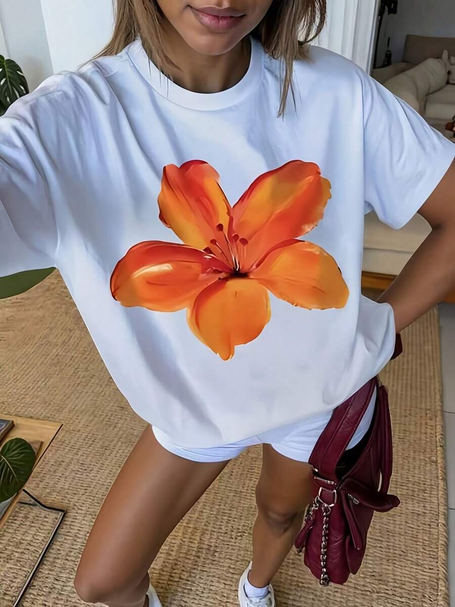 1pc Women' S Orange Flower Print White TShirt, Crew Neck, Casual Cotton Tee Medium Stretch Knit Fabric, Regular Fit - 白色 - 查看 1