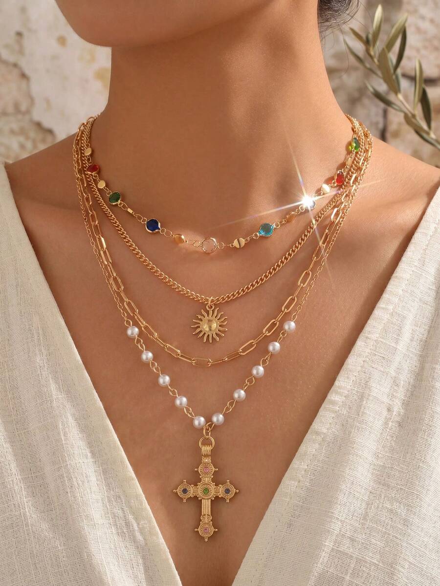 Bộ 4 dây chuyền pha lê thủ công, mặt dây chuyền hình thánh giá tối giản thời trang dành cho nữ, phù hợp để đeo hàng ngày và chụp ảnh, sắp xếp pha lê ngẫu nhiên, chiều dài dây chuyền tùy chỉnh. - Nhiều màu - Xem 1