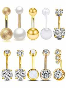 Set de 10 anillos para el ombligo de acero quirúrgico con rosca interna, 14G para mujeres/hombres, joyería para perforación del ombligo - Multicolor - Ver 16