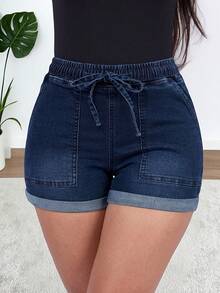 Quần short denim ống đứng dáng thường ngày dành cho nữ, thiết kế có túi, chất liệu co giãn, kiểu dáng tươi mát và đa năng cho mùa hè. - Rửa tối - Xem 2