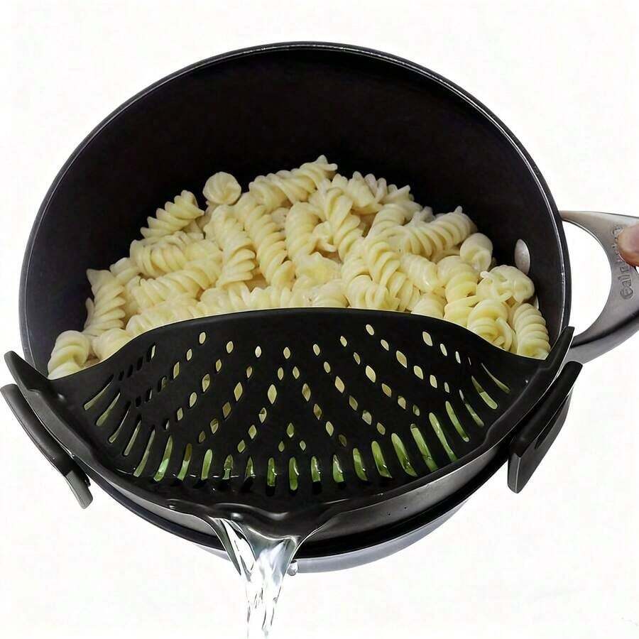 1pc Clip On Kitchen Food Strainer For Spaghetti, Pasta, Meat, Fruits, Vegetables. Silicone Kitchen Food Strainer For Pots & Bowls(Black) ,Suitable For Pots & Bowls ,Easy To Clean ,Household Kitchen Gadget ,Universal Pot & Bowl Strainer ,Anti-Spill Strainer - View 1