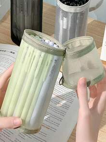 Tempat Pensil Jaring Transparan Minimalis Kapasitas Besar, Kantong Pena Tutup Flip-Top Warna Polos, Tas Penyimpanan Alat Tulis Portabel - MultiWarna - View 8