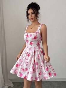 Vestido elegante y romántico para mujer con estampado floral, cuello cuadrado y cintura ceñida sin mangas - Multicolor - Ver 5