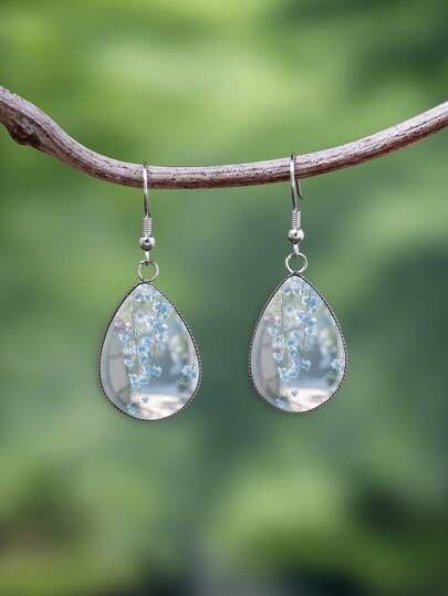 1 Pair Light Blue Floral Pendant Earrings With 316 Stainless Steel Water Drop Hooks, Cute Minimalist Style Suitable For Women's Daily Wear And Gifts, Elegant Minimalist Jewelry Earrings Suitable For Women's Daily And Holiday Wear