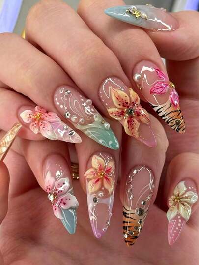 24pcs Western Style Almond Shaped Embossed Nail Stickers: 3D Matte Floral & Ombre Tiger Print Nail Art Decals