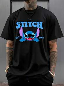 1pc Disney Men's T-Shirt, Disney Stitch Print T-Shirt Front And Back Double Print Cute Short Sleeve, Crew Neck Casual Comfort T-Shirt, Breathable And Lightweight, Suitable For Sports And Casual Wear, Spring And Summer T-Shirt, Suitable For Gift Givi - 黑色 - 查看 2