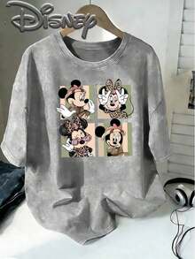 Disney Minnie Mouse Adventure Wind Leopard Print Wind Four Squares Cute Expression Creative Printing Design Sense  Oversized Fashion Old T-Shirt 2026 Spring And Summer Round Neck T-Shirt Style Retro Fashion Lovers Popular Style Old Round Neck T-Shirt. - Grey - View 1