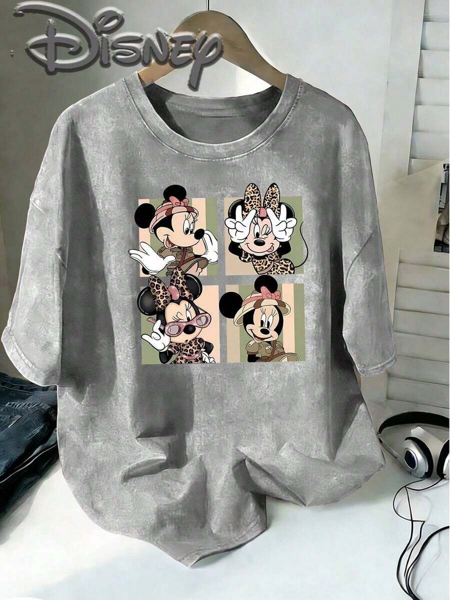 Disney Minnie Mouse Adventure Wind Leopard Print Wind Four Squares Cute Expression Creative Printing Design Sense  Oversized Fashion Old T-Shirt 2026 Spring And Summer Round Neck T-Shirt Style Retro Fashion Lovers Popular Style Old Round Neck T-Shirt. - Grey - View 1