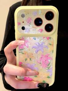 Fresh Lily Flower Glitter Shell Pattern Large Window Phone Case Compatible With IPhone 17 Pro Max, 17 Pro, 15, 16 Pro Max, 15 Pro, 17, 15, Summer Yellow Acrylic Back Cover - Yellow - View 4