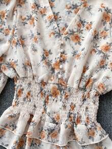 2026 New Designer Apricot Elegant Women's Floral Print Ruffle Hem Holiday Fashion Blouse, Women's Summer Top, Women's Holiday Outfit, Summer Vacation Wear - Apricot - View 5