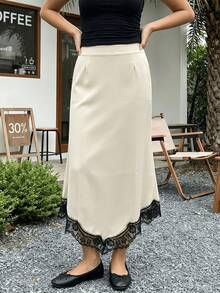 Falda midi de satén para mujer con ribete de encaje asimétrico. Elegante falda ajustada de talle alto para fiestas y eventos diarios. - Blanco - Ver 4