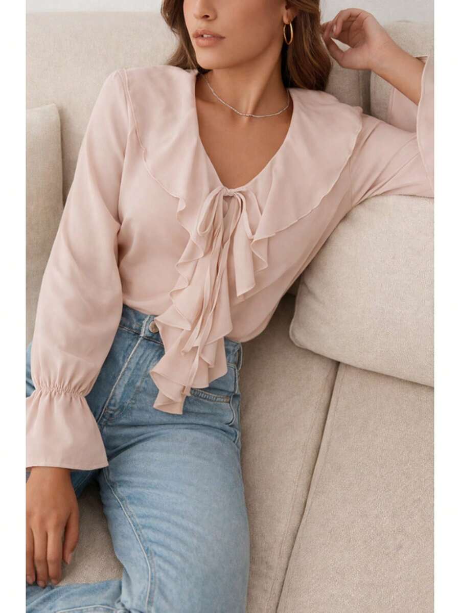Blusa Elegante con Volantes en Cascada y Puños Elásticos. - Beige C8093 - Ver 1
