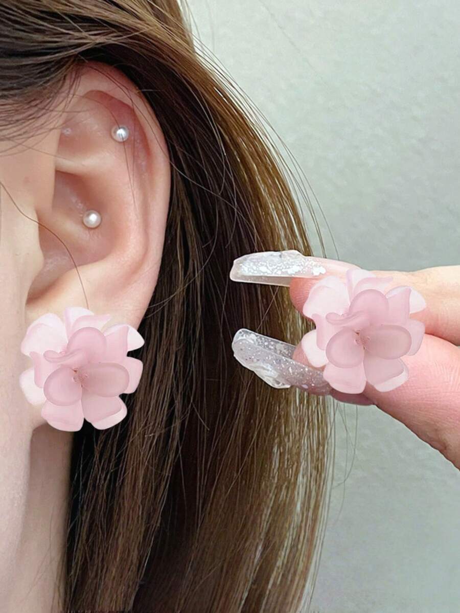 1 Đôi bông tai hình hoa bằng nhựa dễ thương dành cho nữ - Hồng - Xem 1