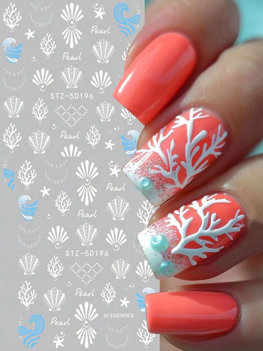 2 Pcs 5D Embossed Ocean Coral Seashell Nail Art Stickers With Jewelry Simple Style Starfish Water Wave Self-Adhesive Decals For Nails Elegant Summer Sea Creature Nail Decoration - Multicolor - View 1