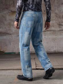 Skyrend Men Colorblock Slant Pocket Straight Leg Jeans Street College Sport Hang Out Going Outemo - Dark Wash - View 2