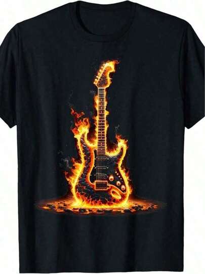 Trending ClothesBold Design, Men's Vintage-Style Guitar Flames Graphic-Shirt,% Cotton, Short Sleeve, Round Neck, Made In USA, Guitar Decorcotton Menkpop Labor Day Men Clothing Manfinity Romwe Shirts Men Shirts Graphic Tees Camisas Para Hombre Graphic Tees Graphic Te