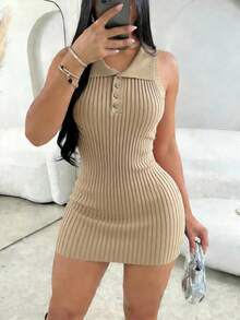 Vestido corto de verano para mujer, color rosa bebé, cuello halter, sin mangas, cuello polo, con botones, elástico, de punto acanalado, ajustado al cuerpo. - Albaricoque - Ver 4